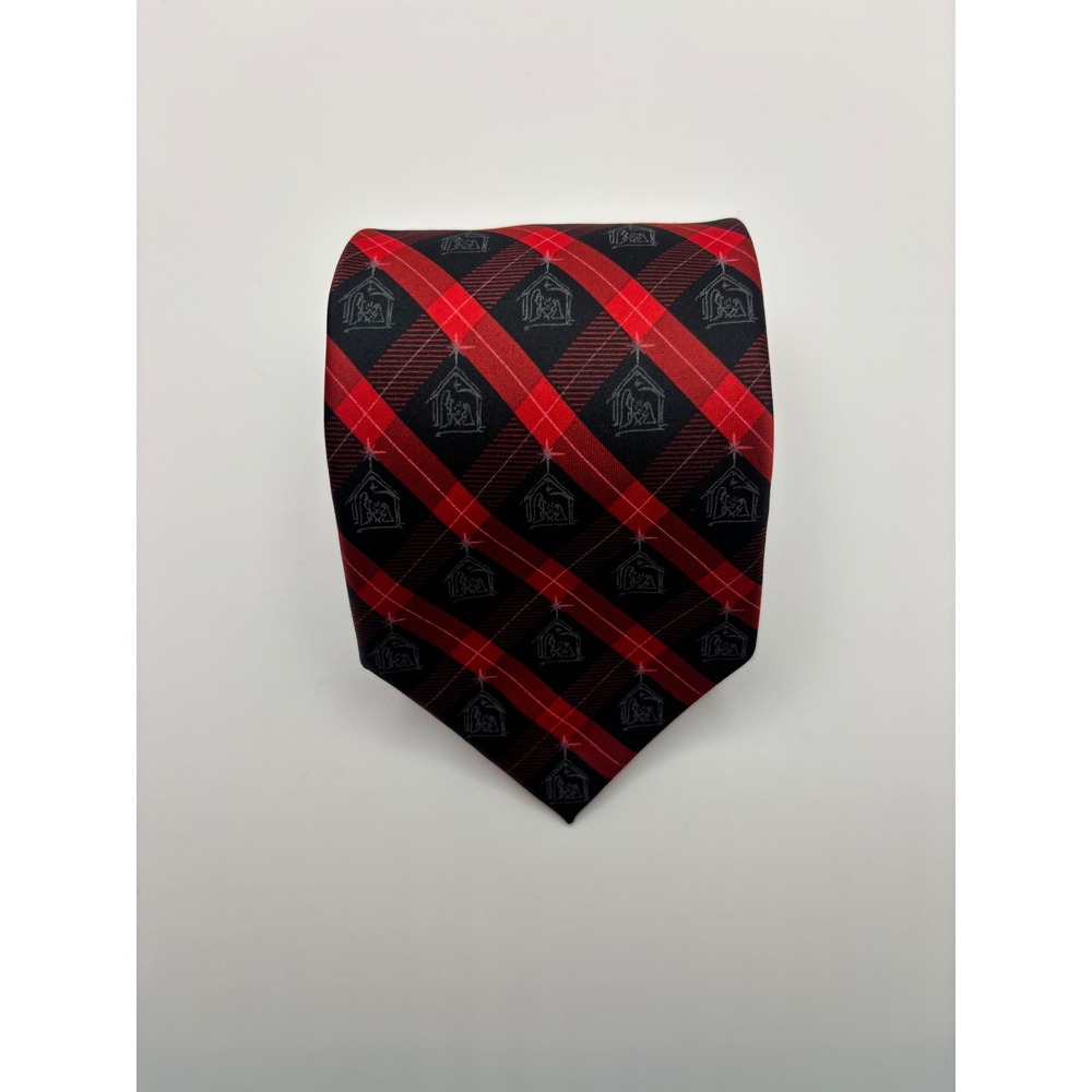 Noel Holiday Collection Mens Red Black Plaid Nativity Christmas Necktie